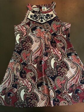 Ruby Rd. Paisley Mini Dress in Maroon, Navy & Cream